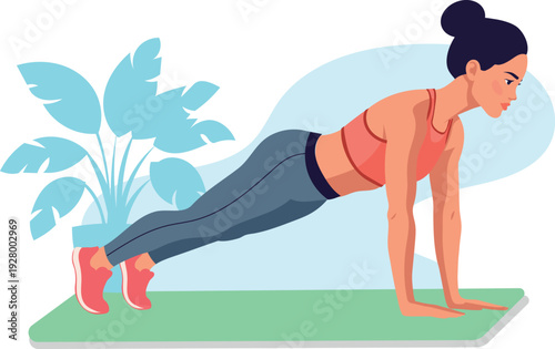 Vector illustration of a woman doing a plank exercise. Suitable for advertising fitness programs, motivational posters, and websites about health and beauty.