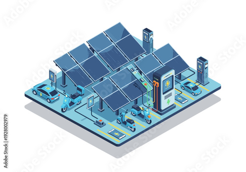 An isometric illustration of an electric vehicle charging station powered by solar panels, featuring cars and scooters