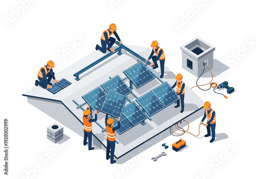Solar panel installation process, construction workers installing solar energy system on rooftop for renewable electricity generation