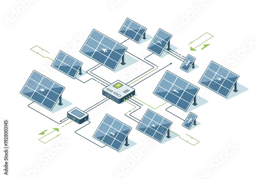 Renewable energy grid connection with solar panels, illustrating a sustainable power system