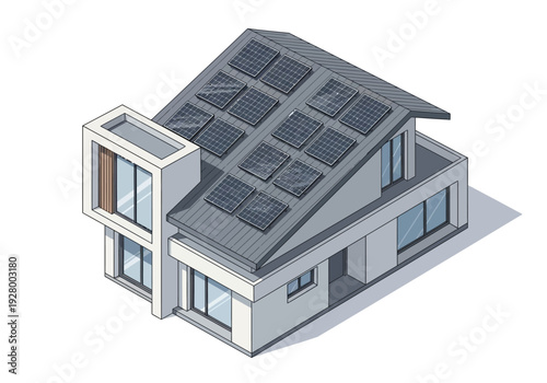 Eco-friendly modern house with solar panels installed on the roof, highlighting sustainable energy and contemporary architecture