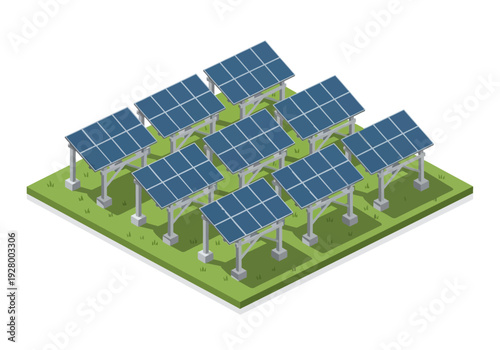 Array of solar panels generating clean energy on a green grassy field, symbolizing renewable power and sustainability