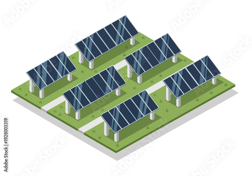 Renewable energy farm with photovoltaic solar panels installed on a grassy field, generating sustainable power