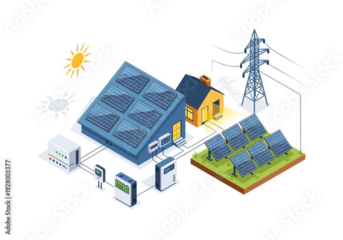 Renewable energy system with solar panels on house and field connected to power grid
