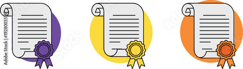 Certificate scroll icon set illustration, colorful diploma and quality assurance vector design with award ribbon for business certification
