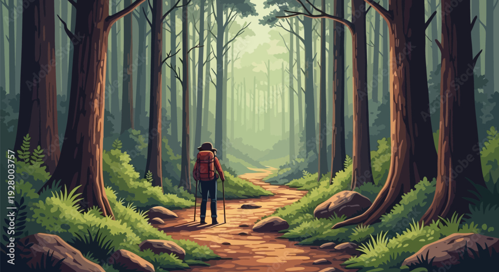 Fototapeta premium Lone hiker with backpack walking on path through a lush green forest