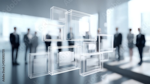 Wallpaper Mural A sequence of floating, transparent 3D wireframe boxes with a group of blurring professionals wearing business suits standing in what appears to be a modern office lobby or atrium. Torontodigital.ca
