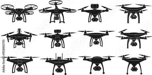 Modern quadcopter drone silhouettes collection, aerial technology icons set featuring camera drones for photography, videography, mapping, and surveillance design elements