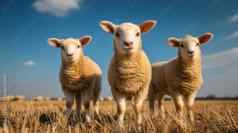 Obraz premium Three Playful Lambs Standing in a Golden Field Under a Bright Blue Sky with Fluffy Clouds