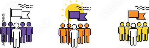 Colorful political groups with divided opinions, social influence concept, community leadership symbolism, protest flags illustration, teamwork and diversity vector design