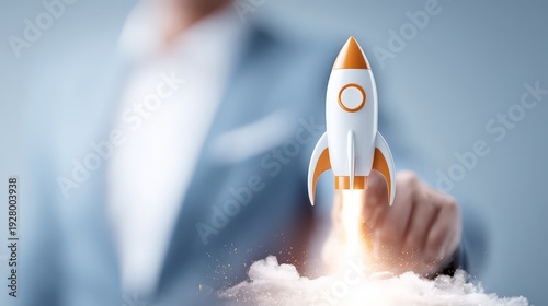 Wallpaper Mural A stylized 3D rocket launches, leaving a trail of white clouds behind it. The ultimate emblem of a project "going live" or a corporation entering a new, rapid-growth era. Torontodigital.ca