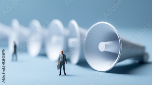 Wallpaper Mural A businessman figurine stands in front of a row of large, white megaphones or bullhorns. Torontodigital.ca