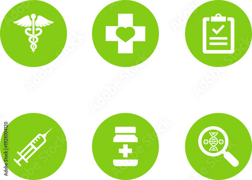 Healthcare Icon Collection in Olive, Vibrant Minimalist Medical Symbols Set including Caduceus, Medical Cross, and Syringe for UI Web Design