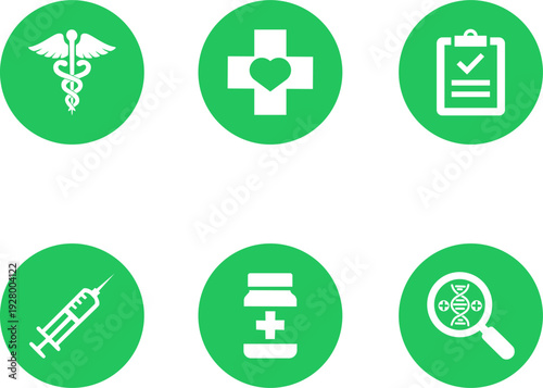 Healthcare Icon Collection in Cyber Green, Vibrant Minimalist Medical Symbols Set including Caduceus, Medical Cross, and Syringe for UI Web Design