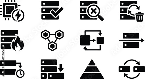 Business process icons vector set. Includes workflow, management, productivity, and data analysis symbols. Created in black and white style with simple shapes.