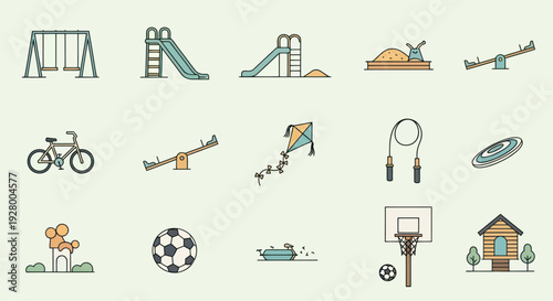 Colorful line art icons of playground equipment and outdoor childrens activities.