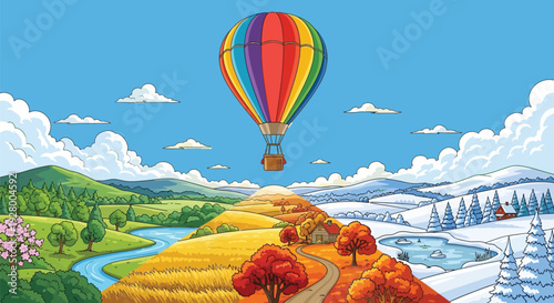 Hot air balloon flying over landscape with four distinct seasons