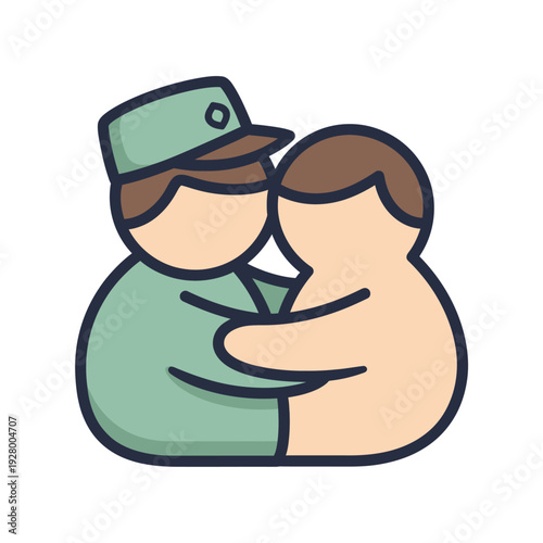 Stylized illustration of a soldier in uniform embracing a civilian, symbolizing reunion, support, and comfort.