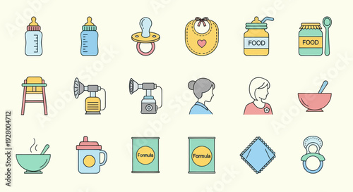 Baby Care Icons: Bottle Pacifier Bib Food Jar Breast Pump and More.