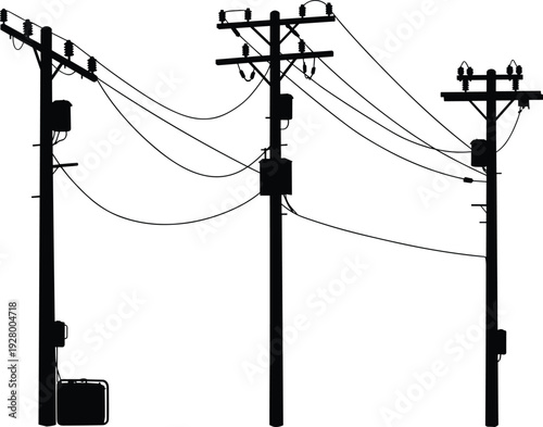 Silhouette of utility poles with transformers, insulators, crossarms, junction boxes, power lines, electricity distribution, urban infrastructure, industrial landscape, high voltage grid