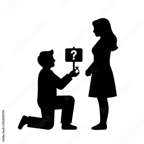 Silhouette of a man kneeling and proposing marriage to a woman with a question mark sign, symbolizing a significant life decision.