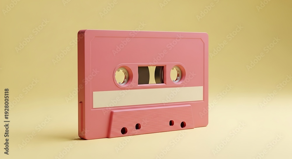 Fototapeta premium Pink cassette tape on a yellow background, a retro audio recording device, vintage music.
