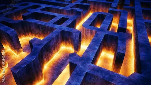 Intricate labyrinth illuminated by warm glow in dark surroundings