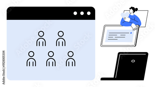Remote collaboration concept. Visualizing teamwork through icons, digital devices, and communication workflows. Remote collaboration fosters team connections across platforms. For tech