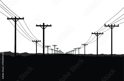 Silhouette of utility poles with power lines, perspective depth, vanishing point, mountainous horizon, rural infrastructure, electricity distribution, high voltage grid