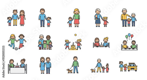 Diverse Cartoon Families and Individuals in Various Activities.