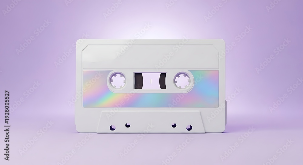 Obraz premium Retro White Cassette Tape with Holographic Rainbow Effect on a Purple Background.