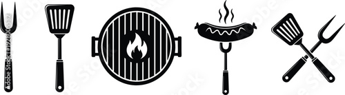 Barbecue Grill and BBQ Tools Icon Set Fork Spatula Sausage Vector Illustration Collection
