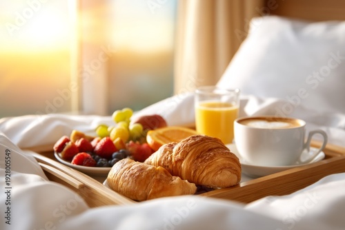 Premium Breakfast Tray on Crisp White Bedding with Vibrant Fruits and Refreshing Drinks