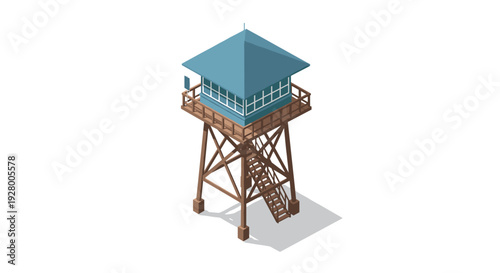 wooden observation tower with blue roof isometric illustration modern architectural structure
