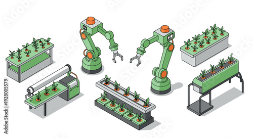 isometric hydroponic plant growing systems with robotic arms and automated equipment illustration
