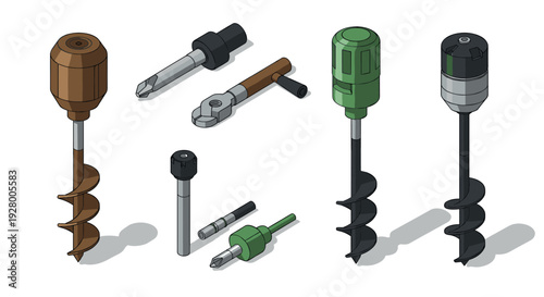 set of various hand drawn auger drill bits and screwdriver heads with manual and power tool handles