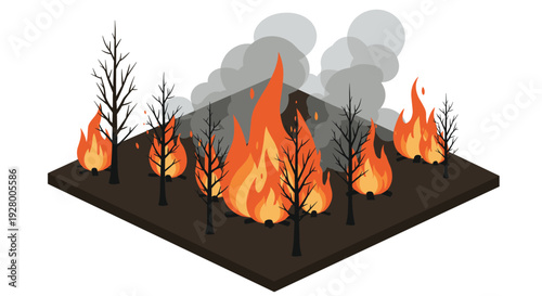 isometric forest fire illustration with burning trees hand drawn vector