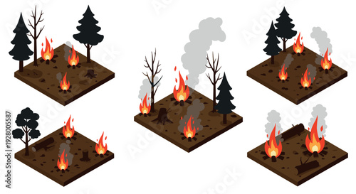 isometric forest fire set with burning trees and smoke hand drawn collection for wildfire illustration
