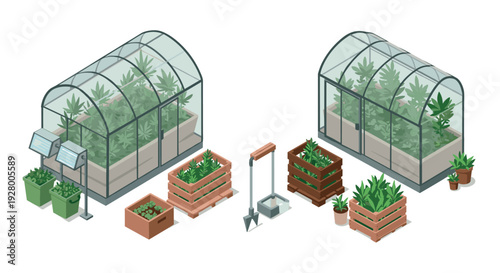 isometric indoor greenhouse and garden planter boxes with various plants and gardening tools modern illustration