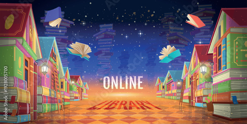 Fantasy city made of books with floating stacks and flying books leading to online education concept. Night sky background with glowing lights. Vector illustration banner.