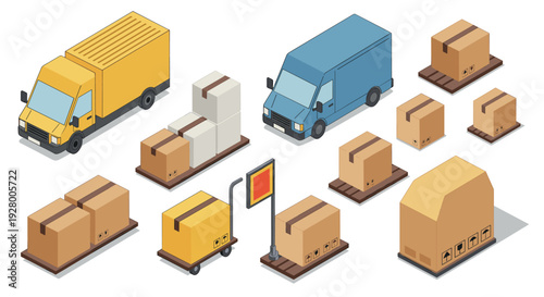 isometric delivery truck and parcel set hand drawn collection for shipping and logistics