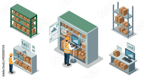 warehouse shelving and inventory management with hand drawn style isometric worker and boxes