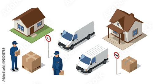 isometric delivery service set with houses delivery vans couriers packages and street signs in flat style