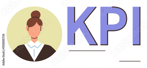 Business metrics, data tracking, performance reviews, corporate goals, productivity, leadership. Businesswoman avatar next to KPI text. Business metrics and performance reviews concept