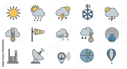 Weather Forecast Icons: Sunny Cloudy Rainy Windy Snowy and Atmospheric Conditions.