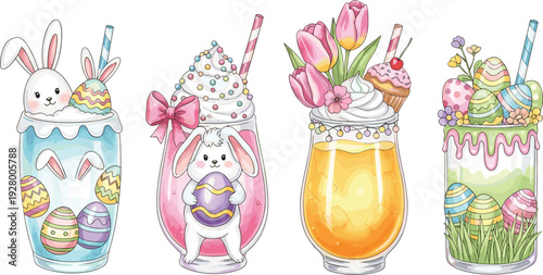 Cute Easter milkshakes with bunnies, decorated eggs and pastel sweets, festive spring dessert illustration isolated on white background