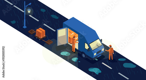Delivery truck with two workers loading parcels at night in rainy weather isometric vector illustration