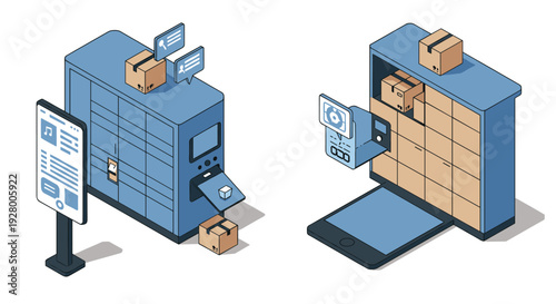 isometric smart parcel locker with digital interface and package delivery system in modern flat style