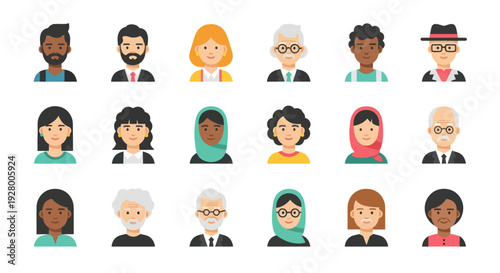 Diverse Collection of Illustrated Human Face Avatars in Rows.