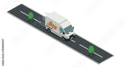 white delivery truck driving on road with trees isometric vector illustration